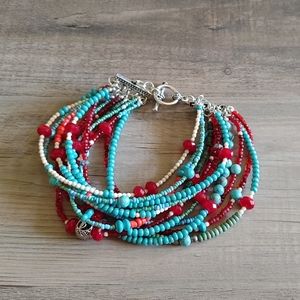 Turquoise and red beaded anklet